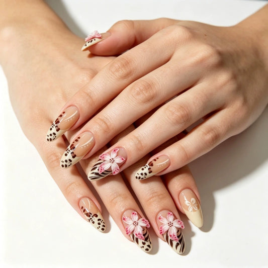 Leopard French 3D Floral Almond Press-On Nails