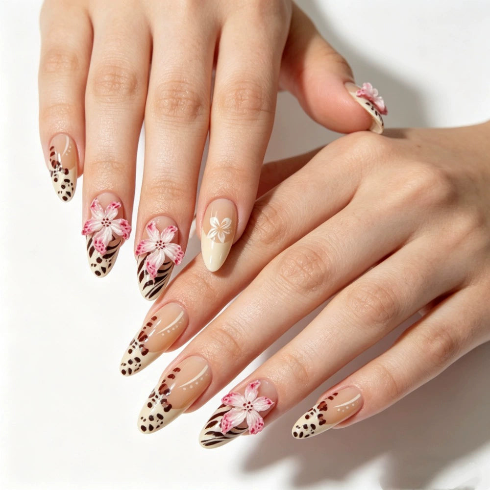 Leopard French 3D Floral Almond Press-On Nails