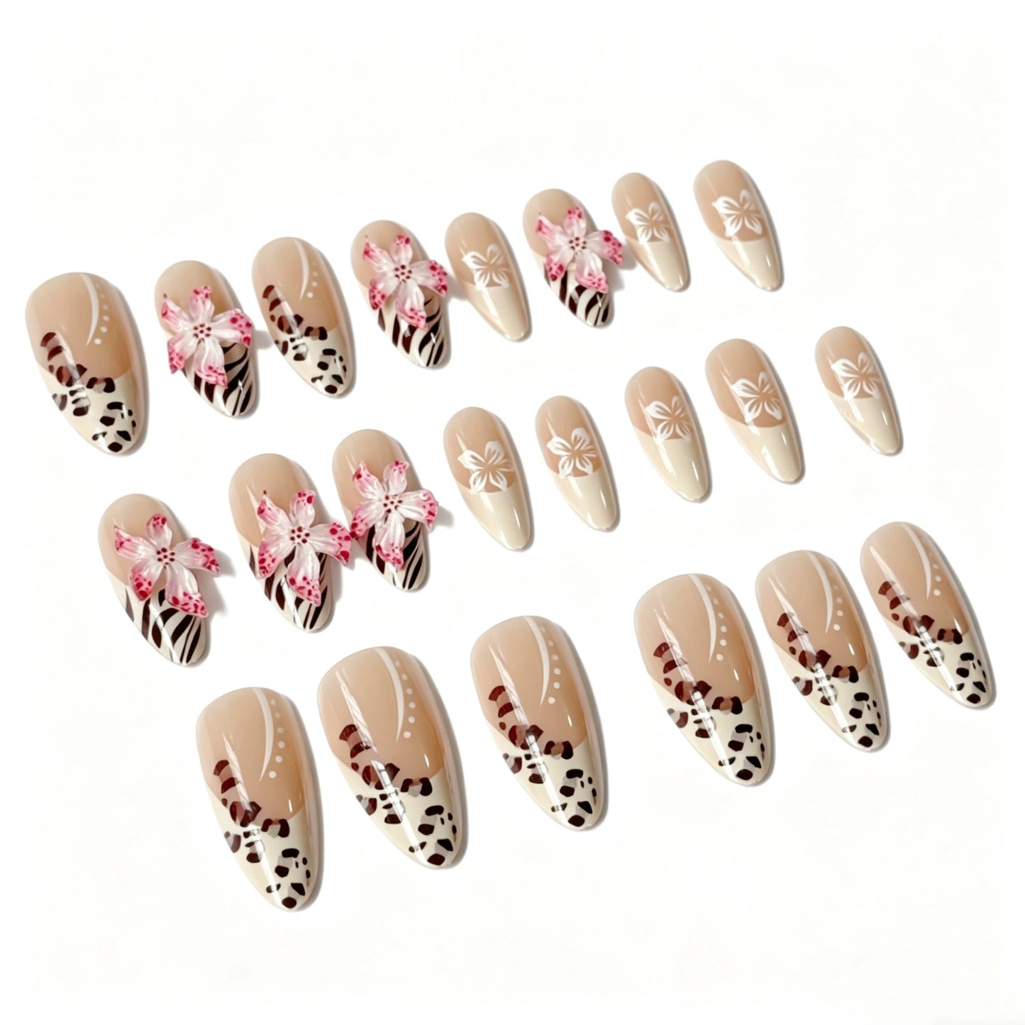 Leopard French 3D Floral Almond Press-On Nails