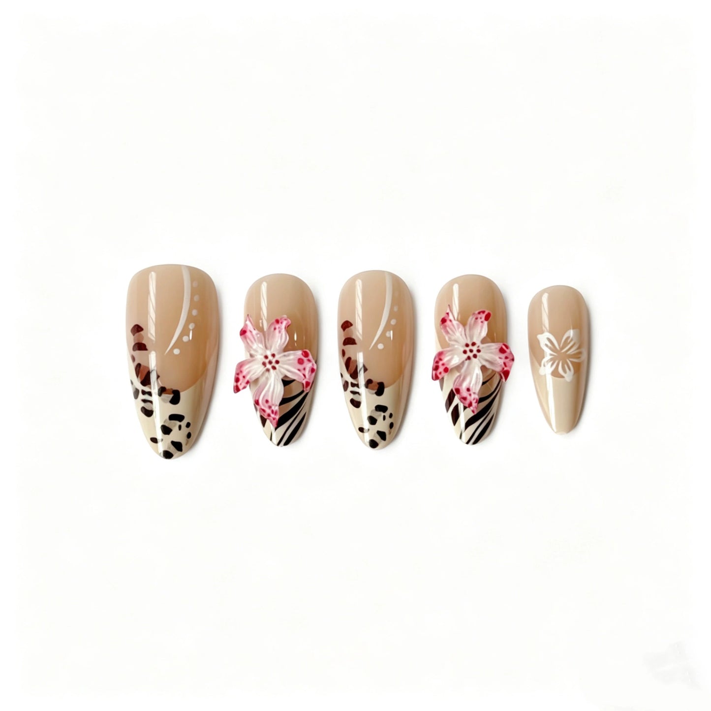 Leopard French 3D Floral Almond Press-On Nails