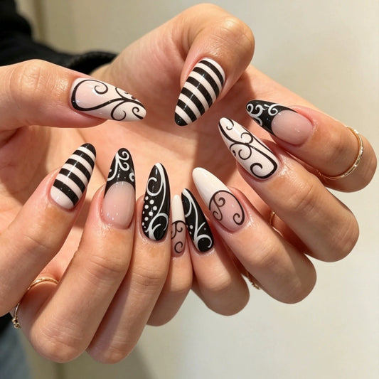 Black Zebra French Almond Press-On Nails