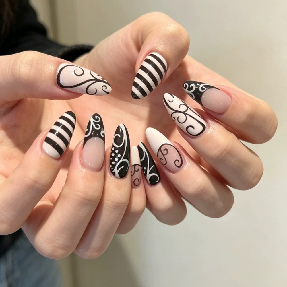 Black Zebra French Almond Press-On Nails