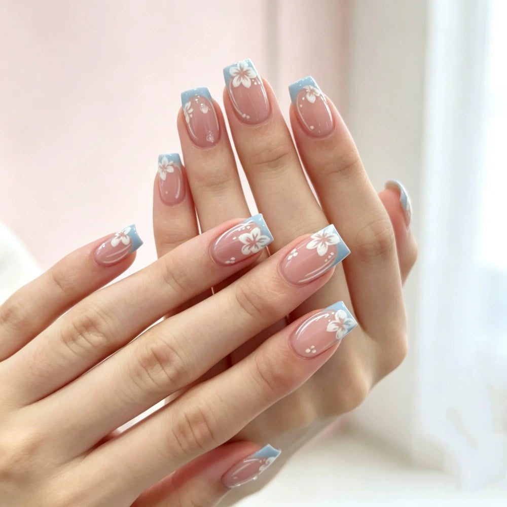 Blue French Floral Press-On Nails