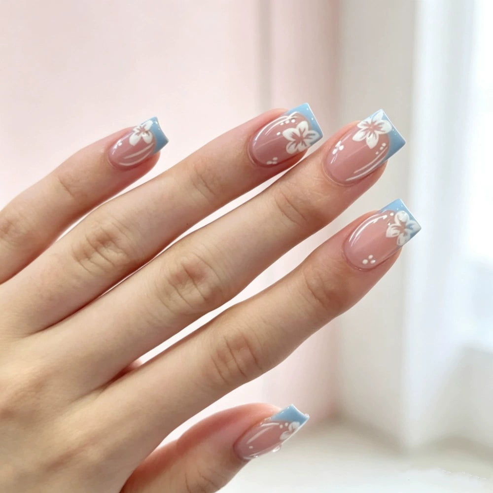 Blue French Floral Press-On Nails