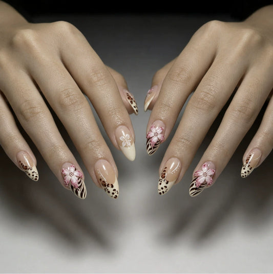 Leopard French 3D Floral Almond Press-On Nails