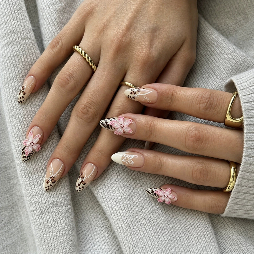 Leopard French 3D Floral Almond Press-On Nails