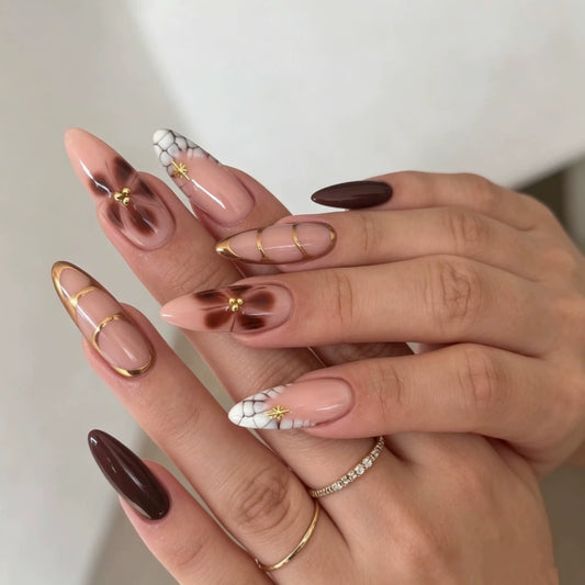 Gold Crocodile French Floral Almond Press-On Nails