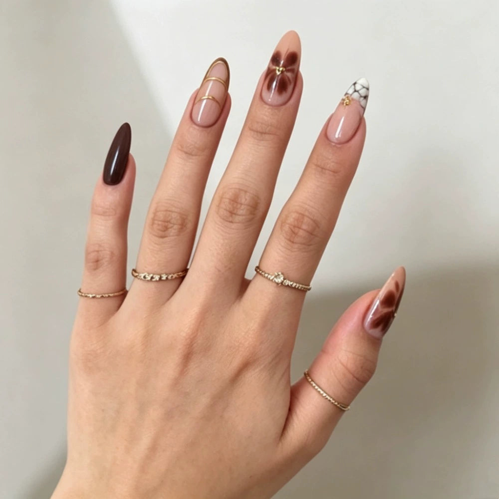 Gold Crocodile French Floral Almond Press-On Nails
