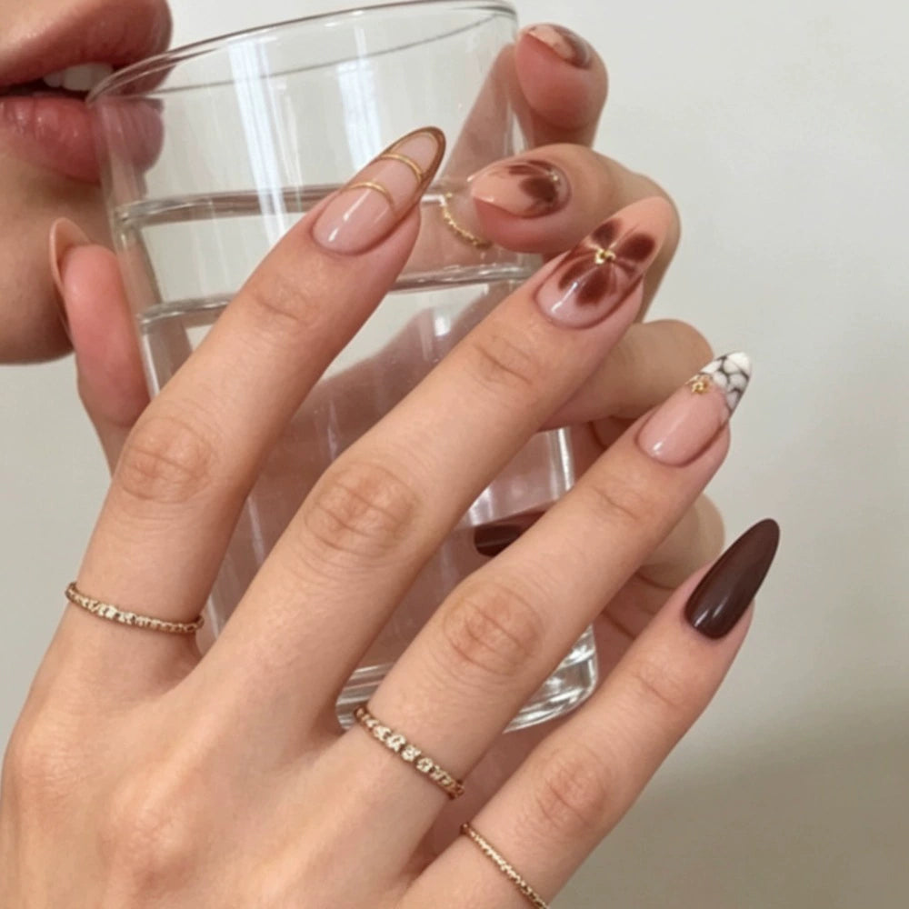 Gold Crocodile French Floral Almond Press-On Nails