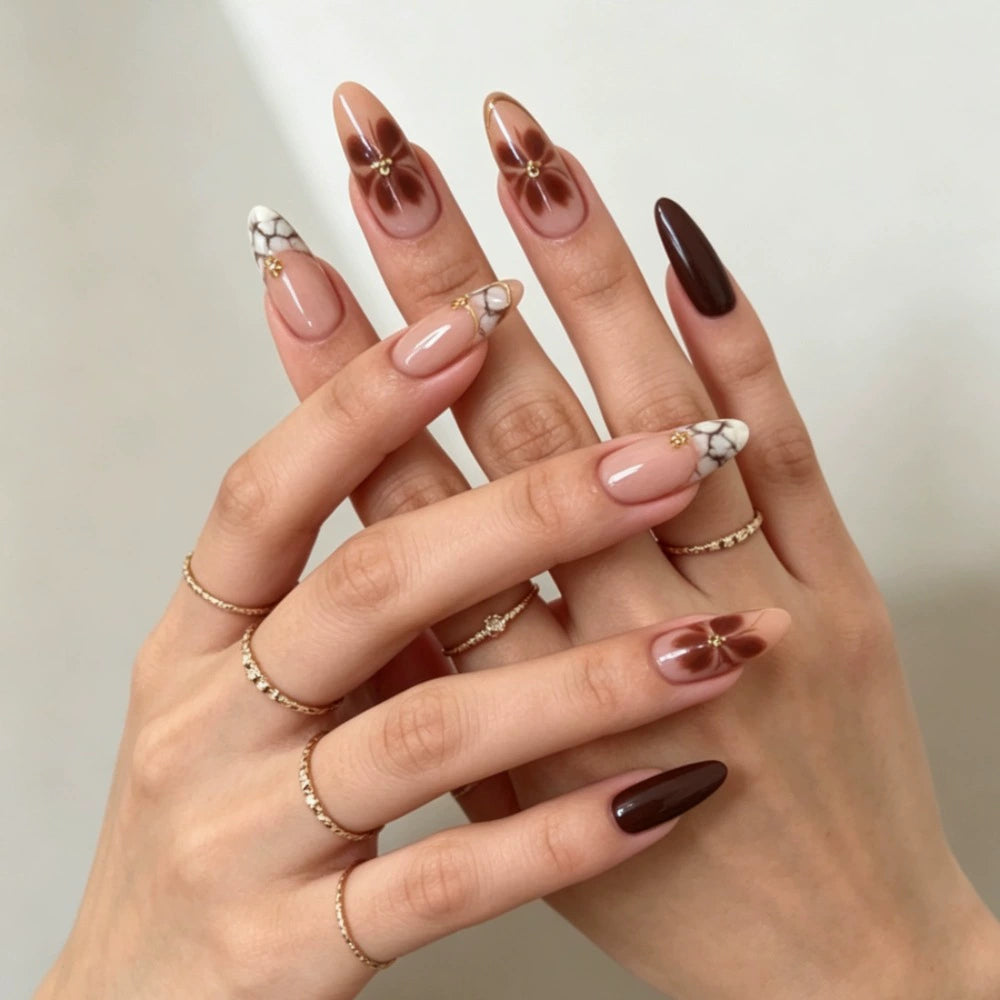 Gold Crocodile French Floral Almond Press-On Nails