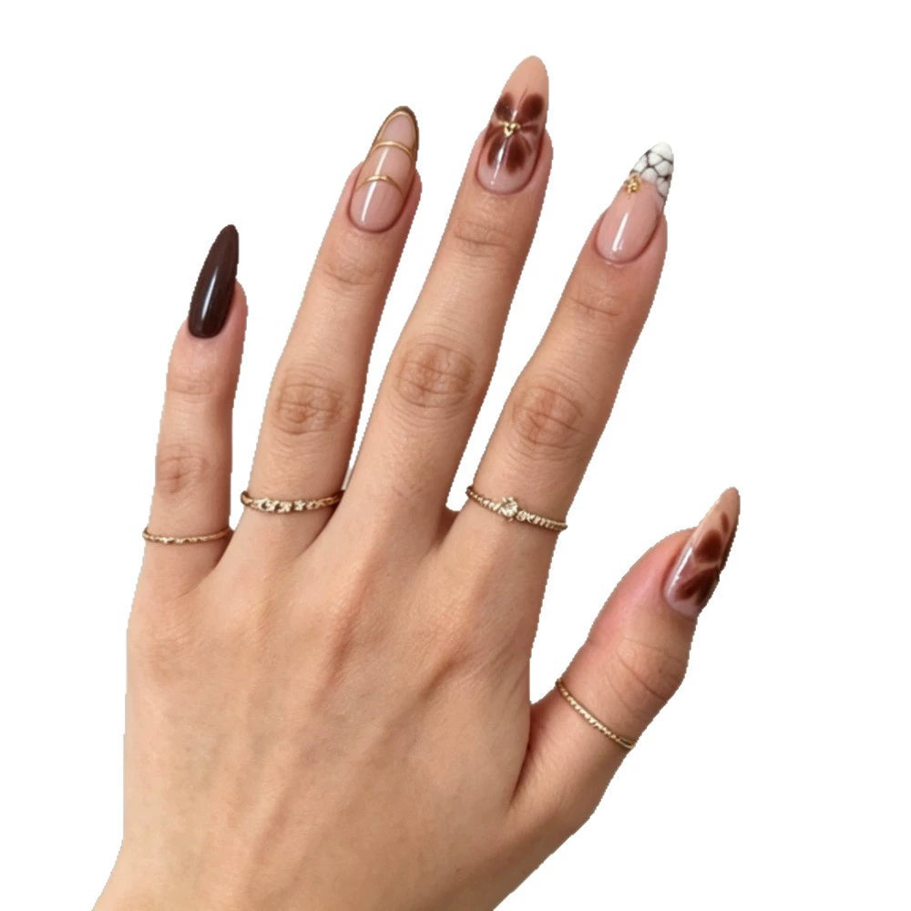 Gold Crocodile French Floral Almond Press-On Nails