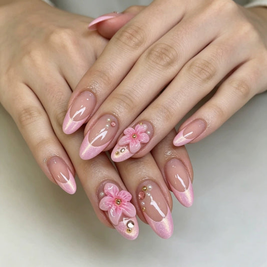 Pink French 3D Floral Almond Press-On Nails
