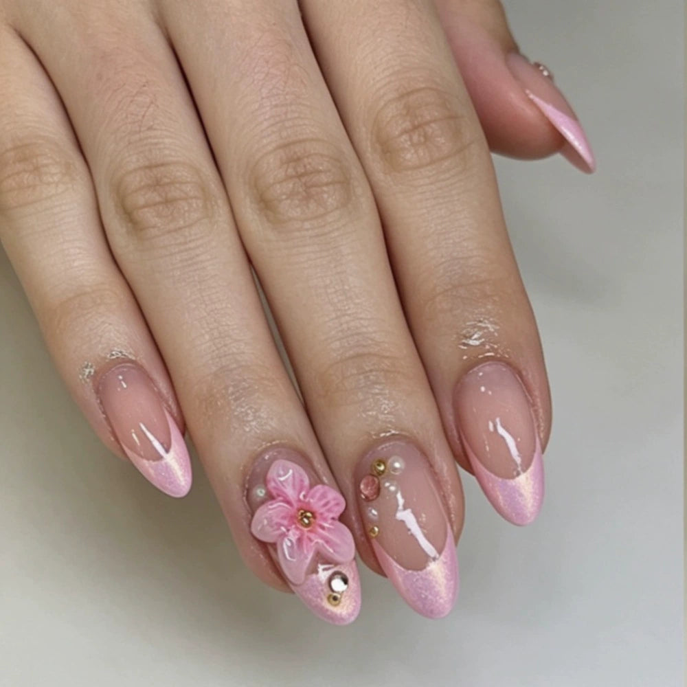 Pink French 3D Floral Almond Press-On Nails