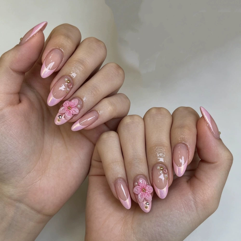 Pink French 3D Floral Almond Press-On Nails