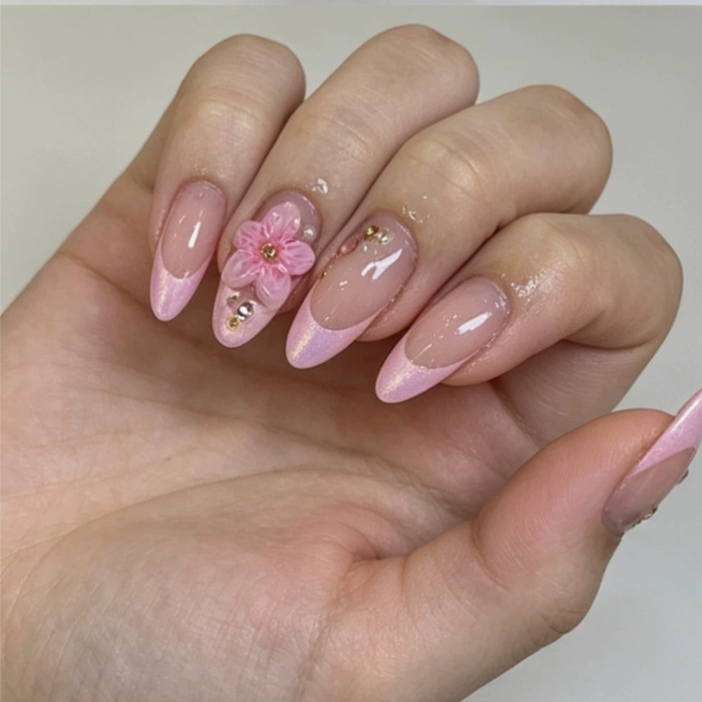 Pink French 3D Floral Almond Press-On Nails