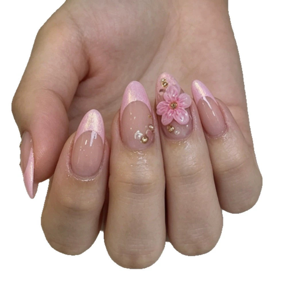 Pink French 3D Floral Almond Press-On Nails