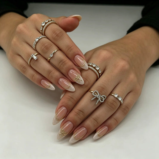 French Bow 3D Marble Almond Press-On Nails
