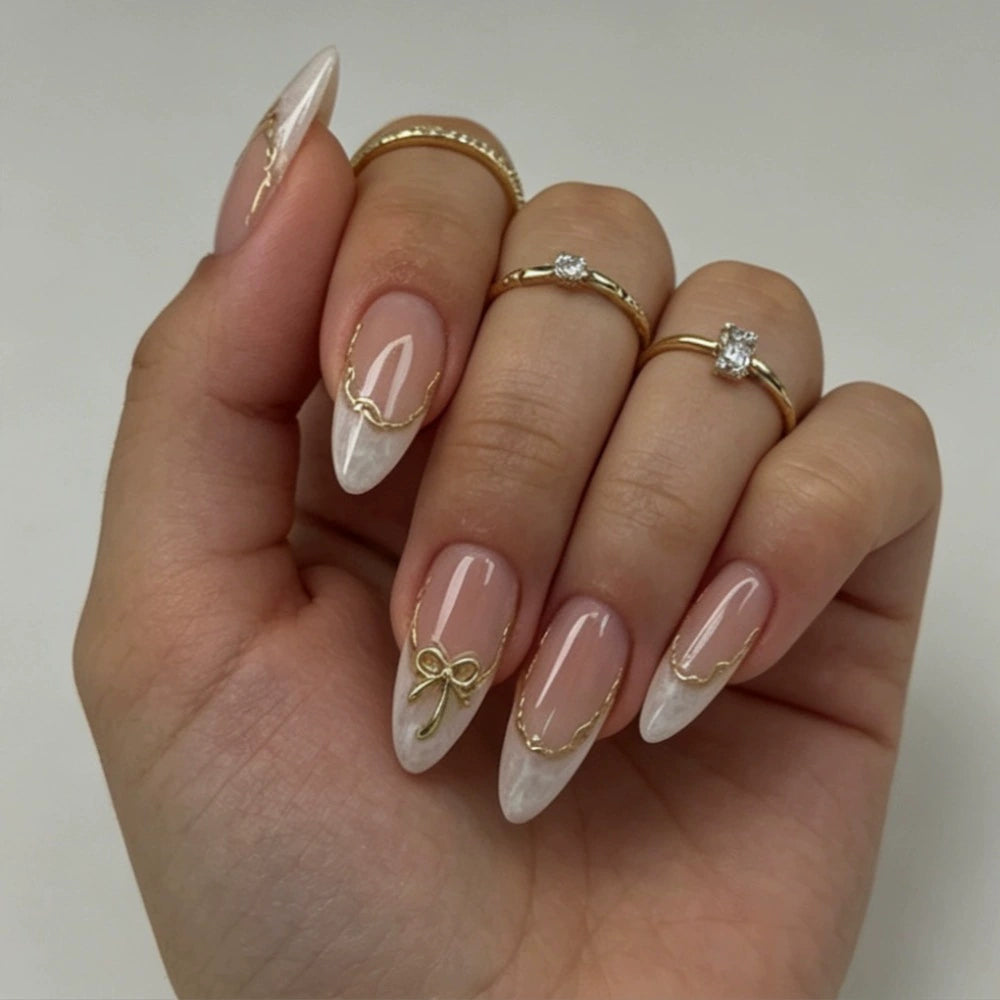 French Bow 3D Marble Almond Press-On Nails