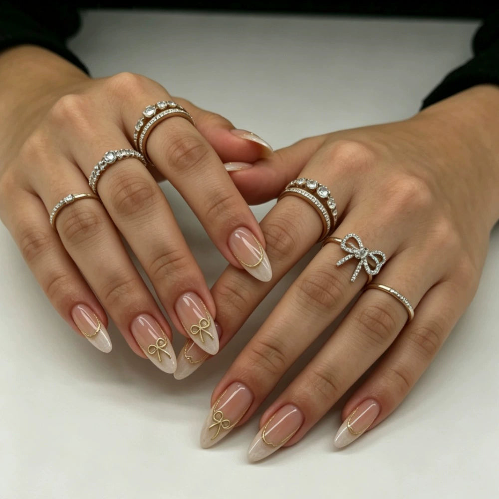 French Bow 3D Marble Almond Press-On Nails