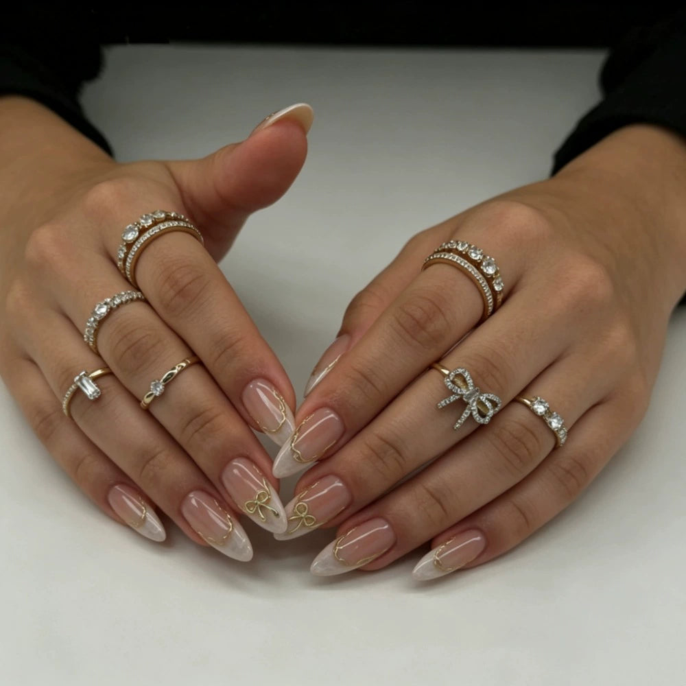 French Bow 3D Marble Almond Press-On Nails