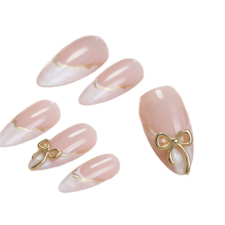 French Bow 3D Marble Almond Press-On Nails