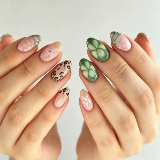 Green French Floral Short Square Press-On Nails