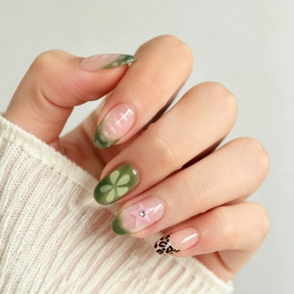 Green French Floral Short Square Press-On Nails