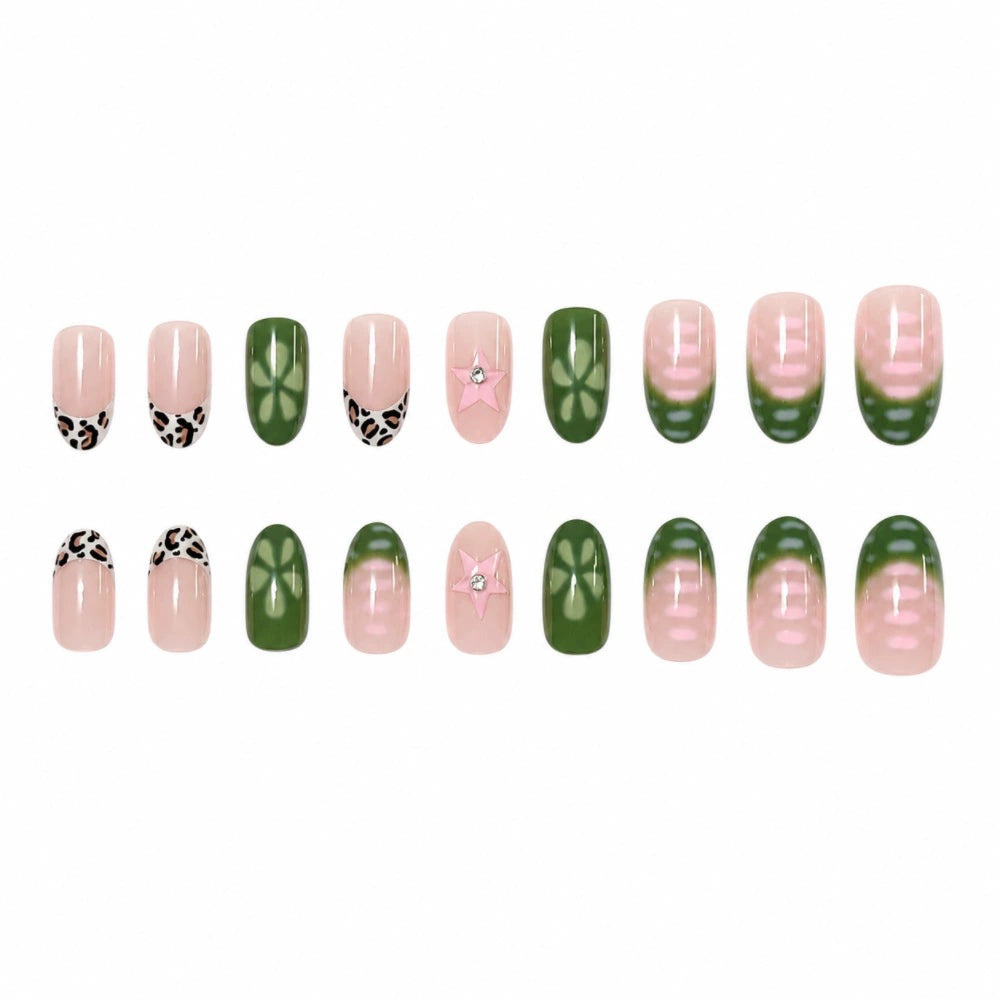 Green French Floral Short Square Press-On Nails