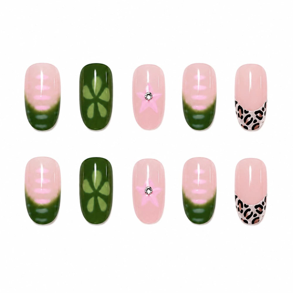 Green French Floral Short Square Press-On Nails