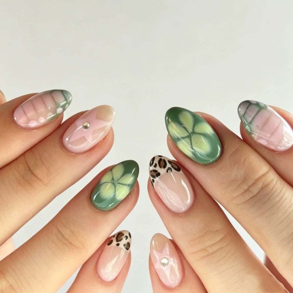 Green French Floral Short Square Press-On Nails