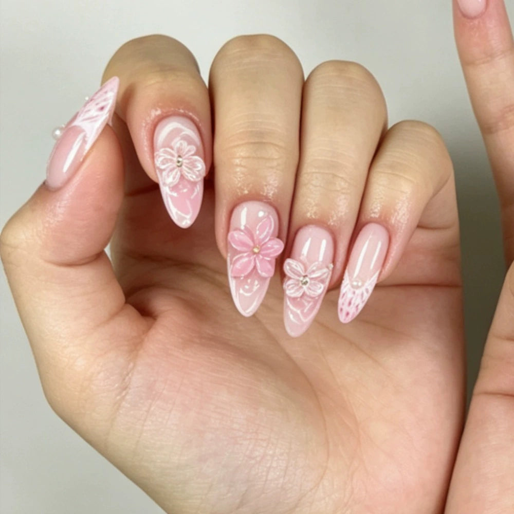 French 3D Floral Ombre Almond Press-On Nails