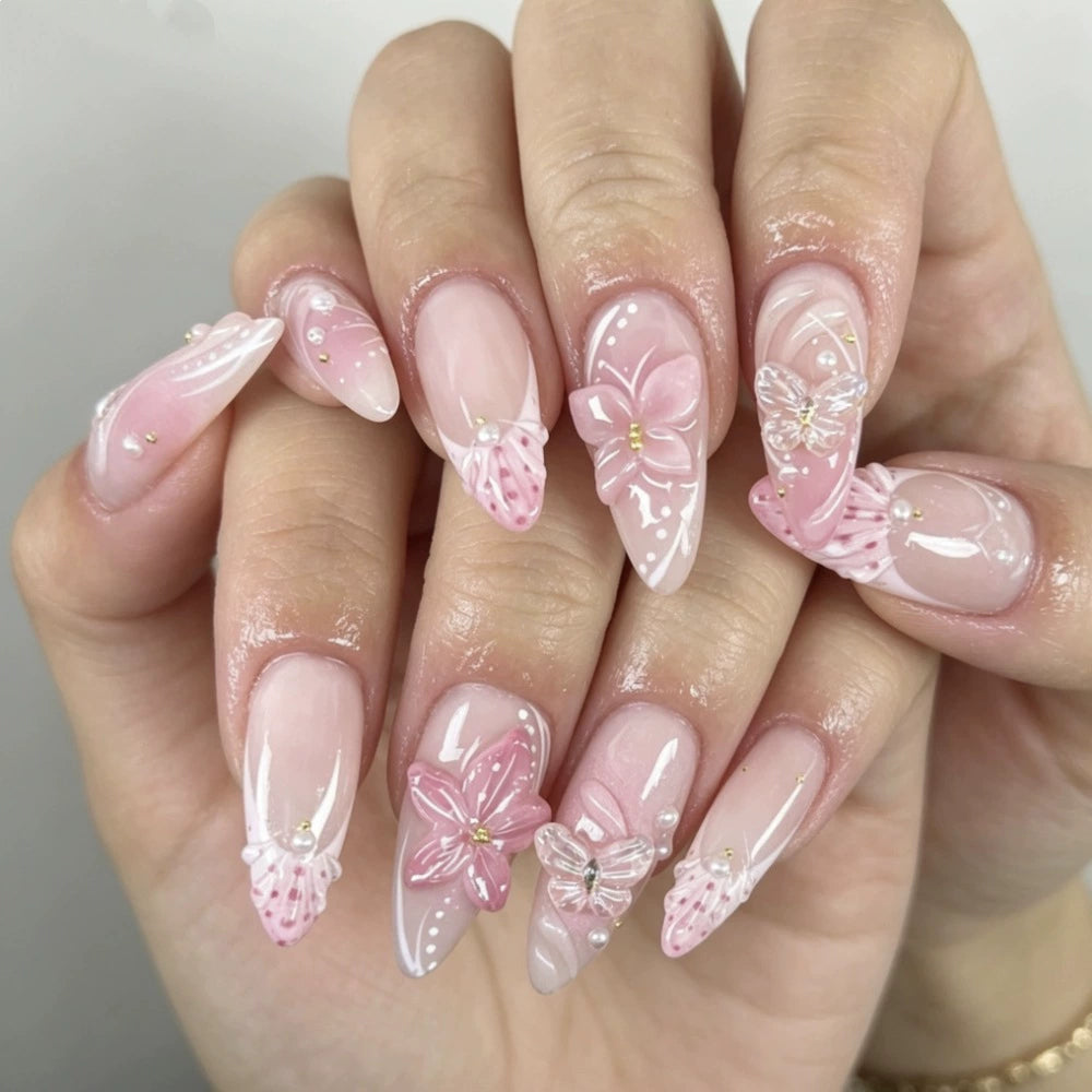 French 3D Floral Ombre Almond Press-On Nails