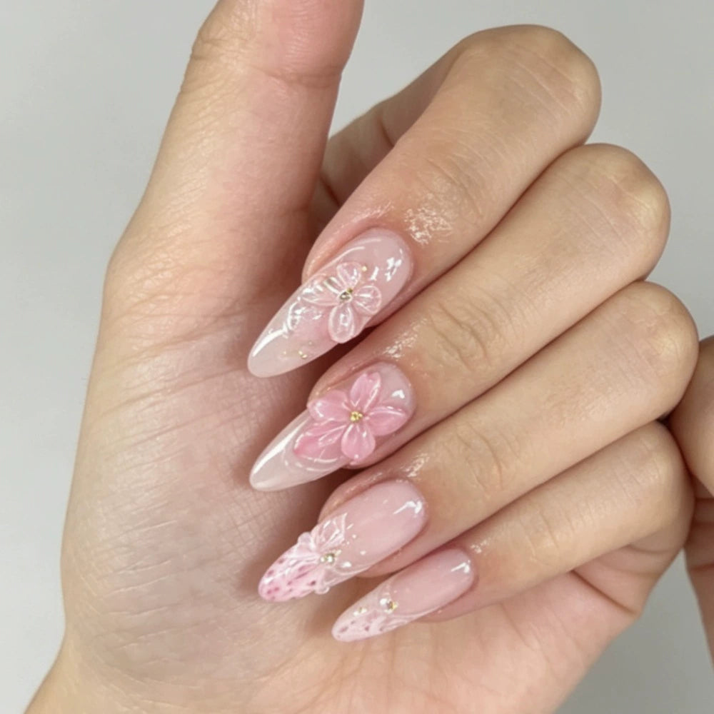 French 3D Floral Ombre Almond Press-On Nails