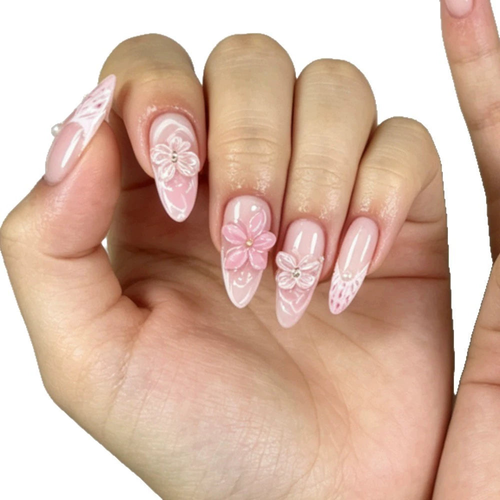 French 3D Floral Ombre Almond Press-On Nails