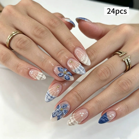 Blue French 3D Floral Almond Press-On Nails