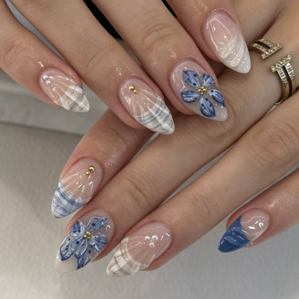 Blue French 3D Floral Almond Press-On Nails