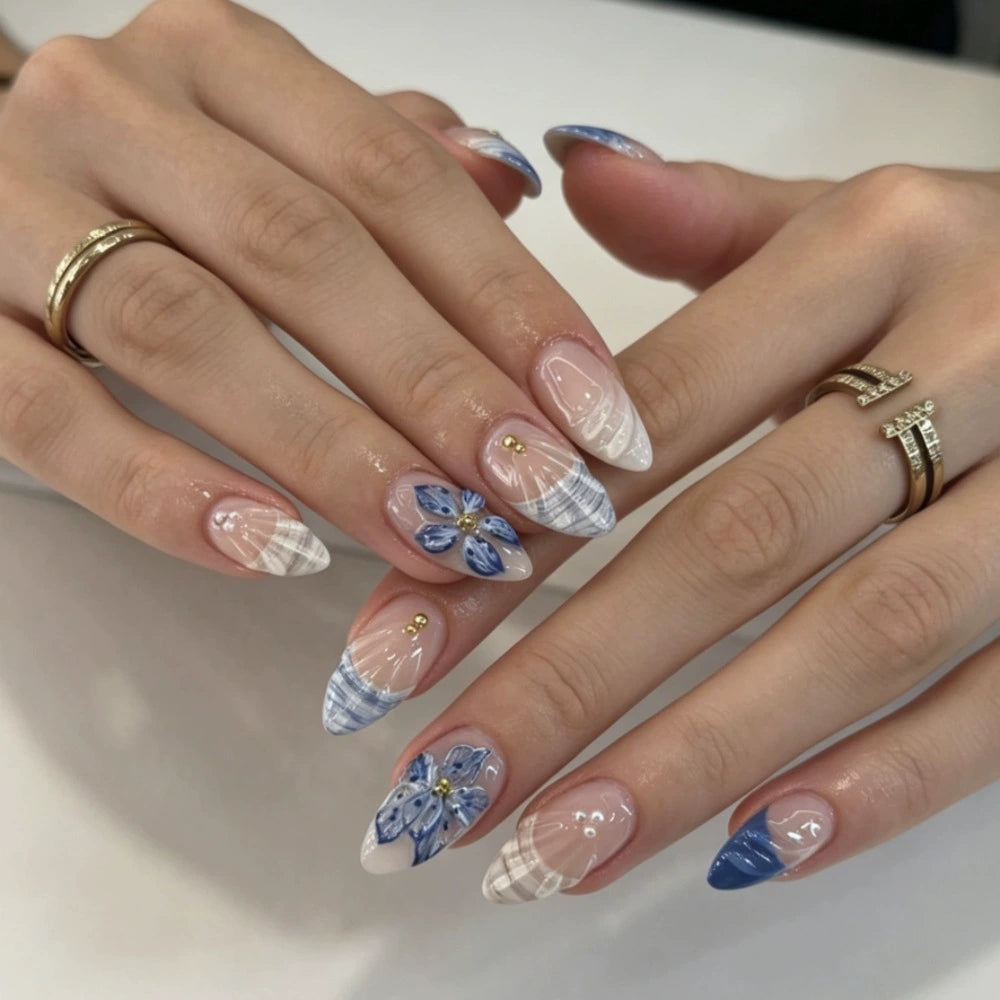 Blue French 3D Floral Almond Press-On Nails