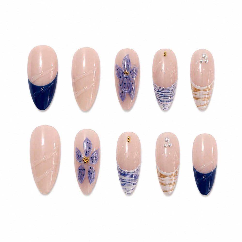 Blue French 3D Floral Almond Press-On Nails
