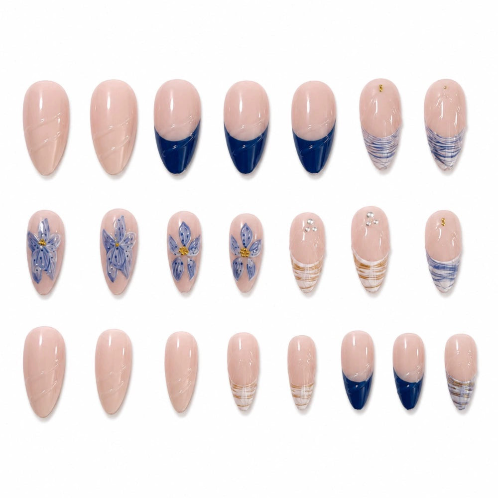 Blue French 3D Floral Almond Press-On Nails