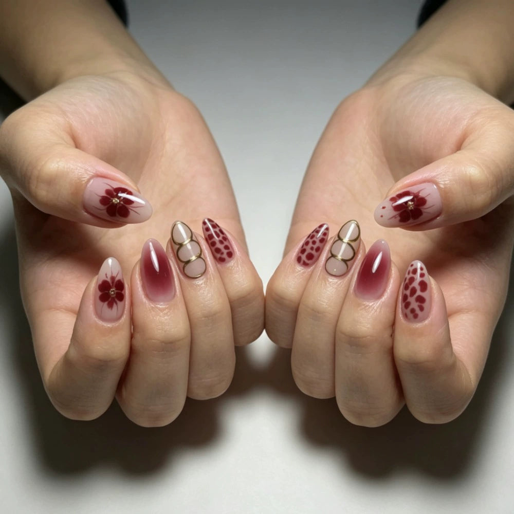 White Floral Ombre Almond Press-On Nails