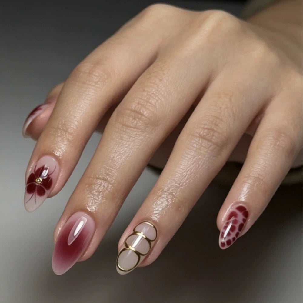 White Floral Ombre Almond Press-On Nails