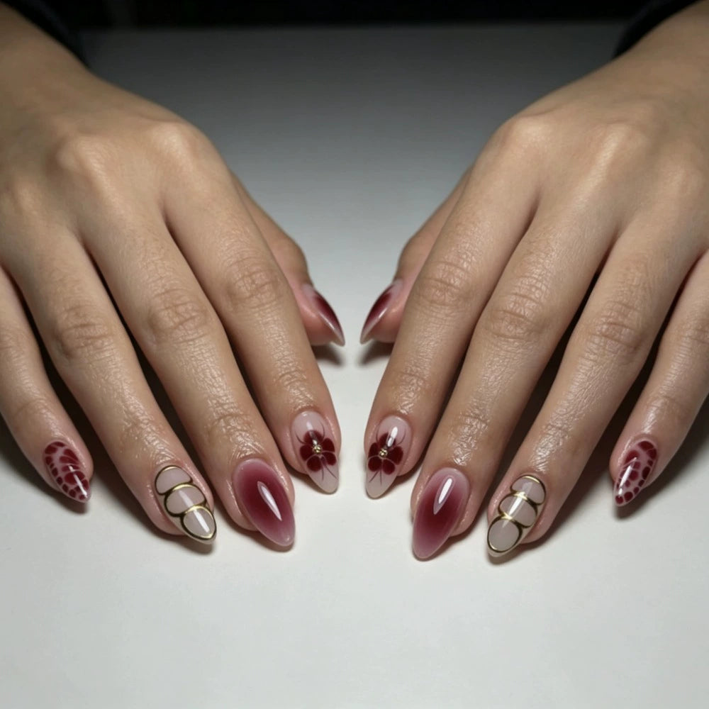 White Floral Ombre Almond Press-On Nails