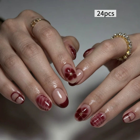 Red French Floral Short Square Press-On Nails