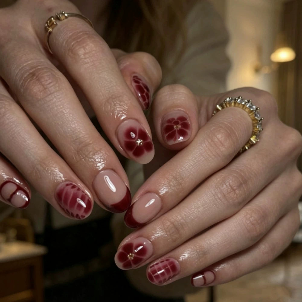 Red French Floral Short Square Press-On Nails