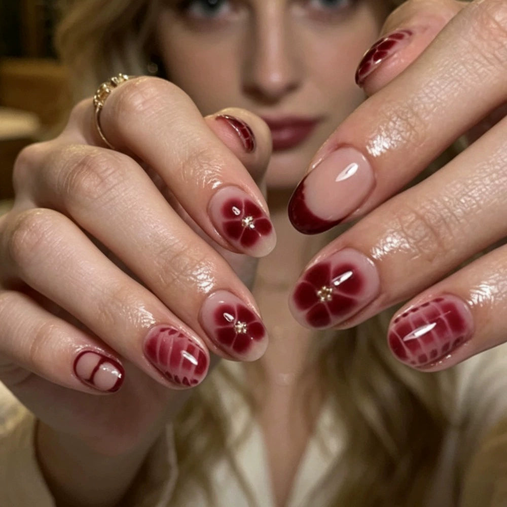 Red French Floral Short Square Press-On Nails