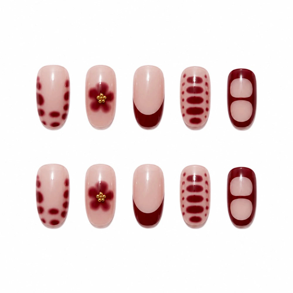 Red French Floral Short Square Press-On Nails