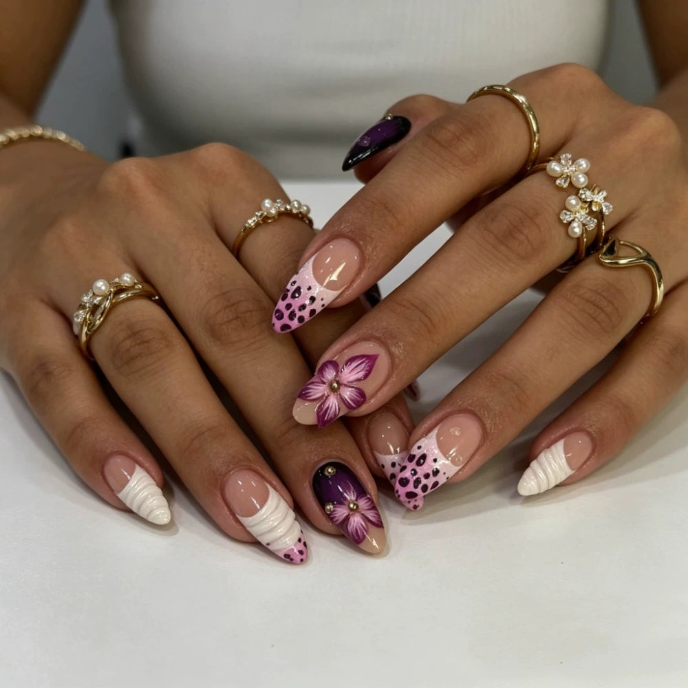 White 3D Floral Almond Press-On Nails