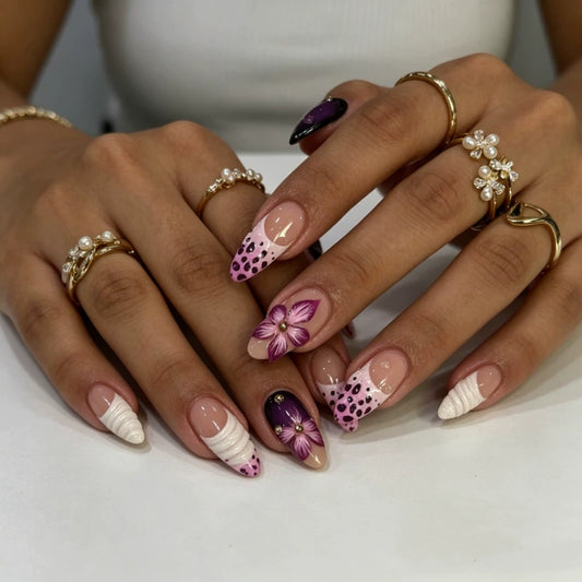 White 3D Floral Almond Press-On Nails