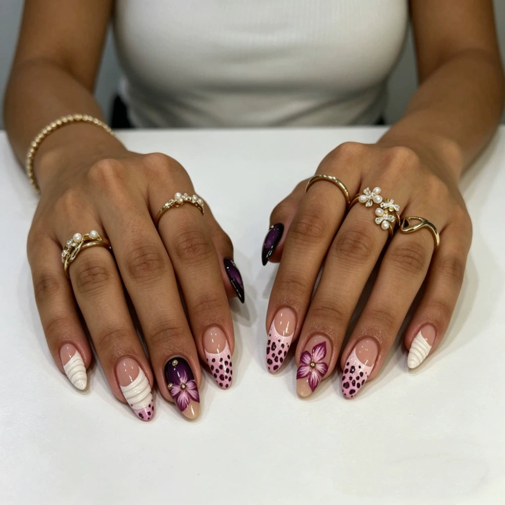 White 3D Floral Almond Press-On Nails