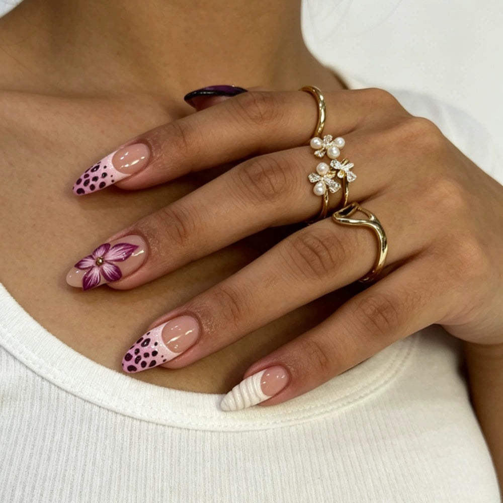 White 3D Floral Almond Press-On Nails